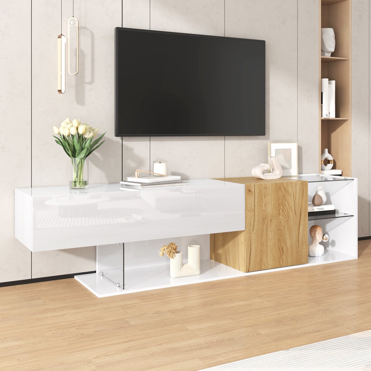 HAUSS SPOLE TV meubel - Modern lowboard met houtlook en gedeeltelijke hoogglans - Met glazen legplanken en opbergruimte - Voor de woonkamer - 180x38x48 cm - Spaanplaat - Wit