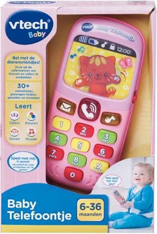 Roze VTech Baby Telefoon in verpakking, met afbeelding van een kindje.