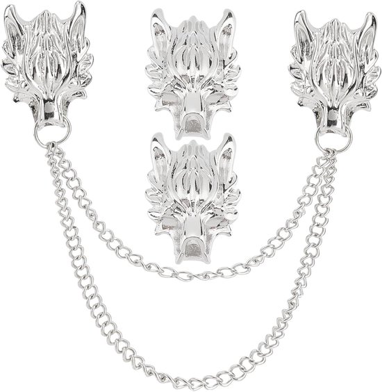 GORGECRAFT Wolfskop Lange Kettingbroche – Set Van 2 Stuks, Verzilverd, Voor Heren – Kraagspelden & Reversspeld Voor Jas Of Pak – Cadeau-ideaal