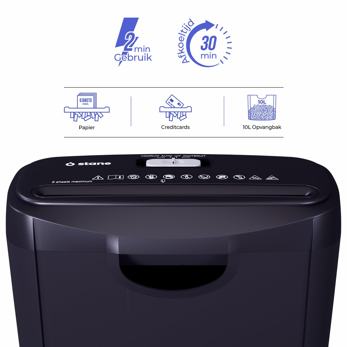 Stane Papierversnipperaar – Papiervernietiger voor Thuis en Kantoor – Shredder Vernietigt Creditcard - Versnipper 6 A4 Vellen in 1 Keer – 10L OpvangBak - Zwart thumbnail 2