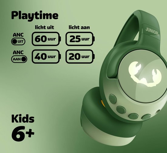 Groene koptelefoon met de tekst 'JUNIOR'. Speeltijd: 60 uur (licht uit) of 25 uur (licht aan). ANC aan: 40 uur of 20 uur.