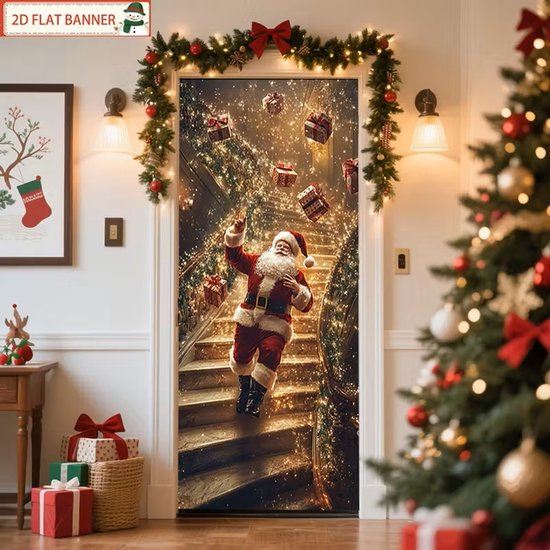 Feestelijke Deursok – Deurhoes – Santa Claus op Trap met Lichtjes - Supersnel Ophangen Perfect voor Entree & Feestdagen - Instant Kerstsfeer! Elastische Deurdecoratie met Kerstman – Binnen 1 Minuut Klaar - 90x200cm