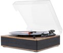 Houten platenspeler met zwarte speakerdoek, doorzichtige deksel en draaiende plaat.