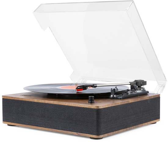 Houten platenspeler met zwarte speakerdoek, doorzichtige deksel en draaiende plaat.