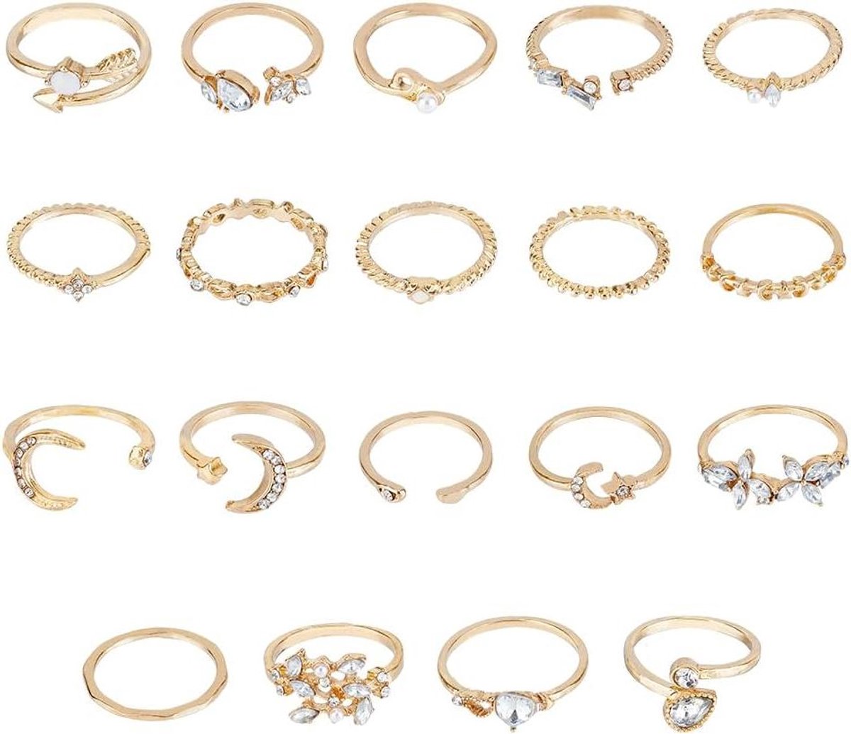 Jhubers Goods - 19 stuks gouden stapelringen voor vrouwen - legering open manchet set met strass - verstelbare boho ster maan hart bloem vinger sieraden maat 5-7,5, Legering & Strass, Geen edelsteen.
