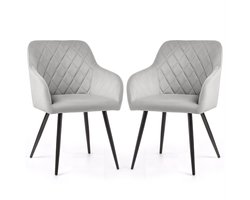 Set van 2 Eetkamerstoelen VELTO met Armleuningen / Gestoffeerde Stoelen / Fluwelen Stoelen en Metalen Poten / Grijs met zwarte benen