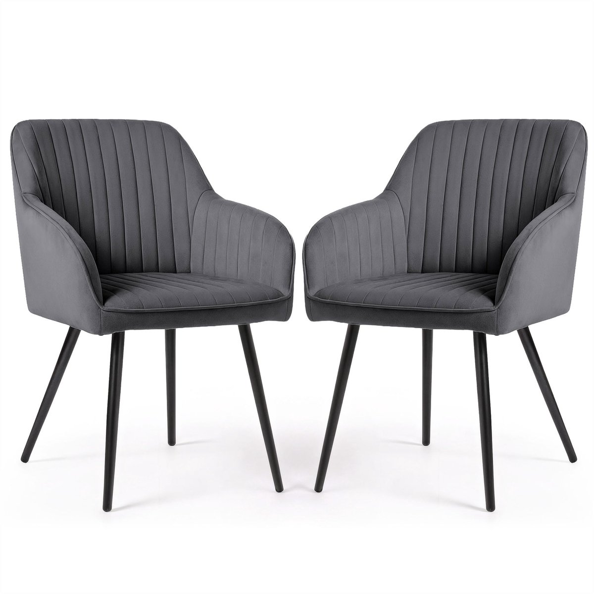 Set van 2 Eetkamerstoelen FLORENCE met Armleuningen / Gestoffeerde Stoelen / Fluwelen Stoelen en Metalen Poten / Antraciet met zwarte benen