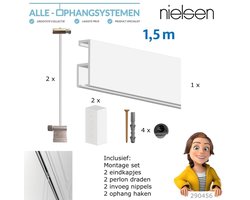 Nielsen Gallery Schilderij Ophang Rail systeem 150 cm – Complete Set – Inclusief Montage, Eindkapjes, Haken & Perlon Draden – Wit Aluminium – 25 kg/pm Draagkracht