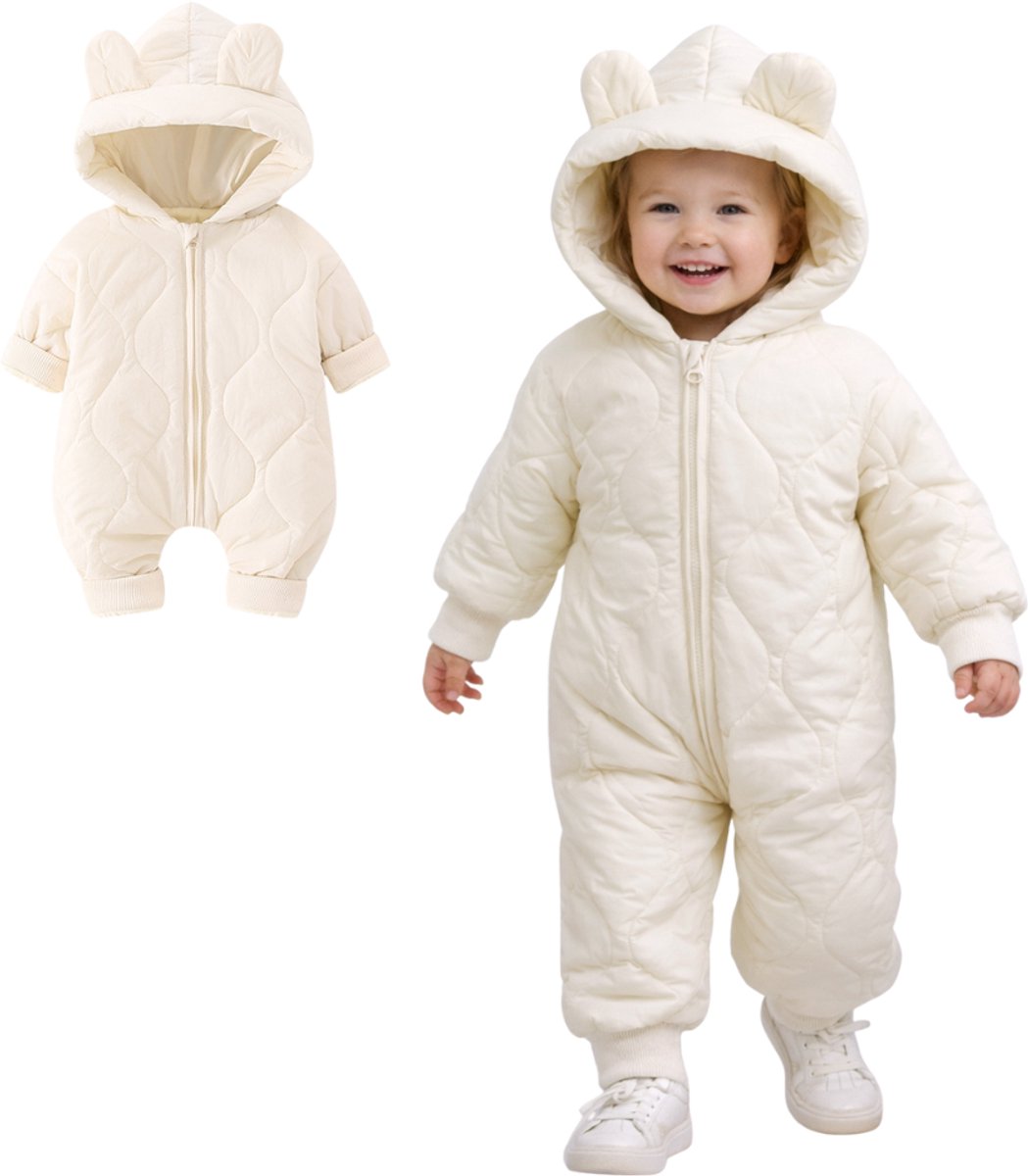 Joya Kids® Winter Sneeuwpak Baby Crème Gewatteerde Baby Overall met Fleece Voering Warme Baby Jumpsuit met Oortjes Baby Winterpak Sneeuw Pak Jongens & Meisjes 3-6 Maanden Creme