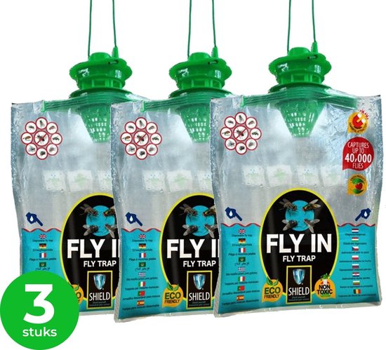 LastShield Vliegenval XL met lokmiddel - 3 stuks - Vangt 40.000 vliegen - Vliegenzak - Vliegenvanger - Ecologisch en gifvrij