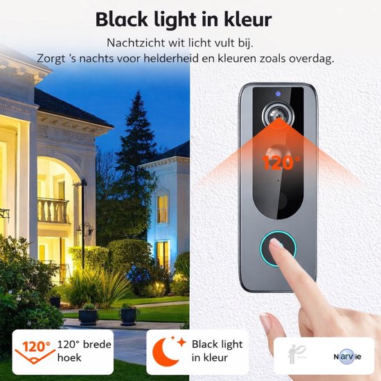 Links een huis bij nacht, rechts een hand die een deurbel met camera indrukt. "Black light in kleur" en 120° brede hoek.