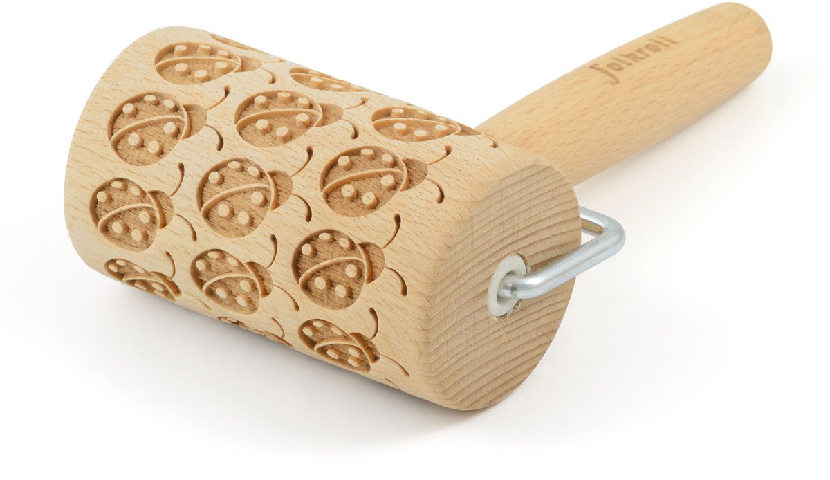 Folkroll deegroller lieveheersbeestje, mini, 9,5 cm, deegroller, embossingroller, patroon, motief, roller, beukenhout, 330784