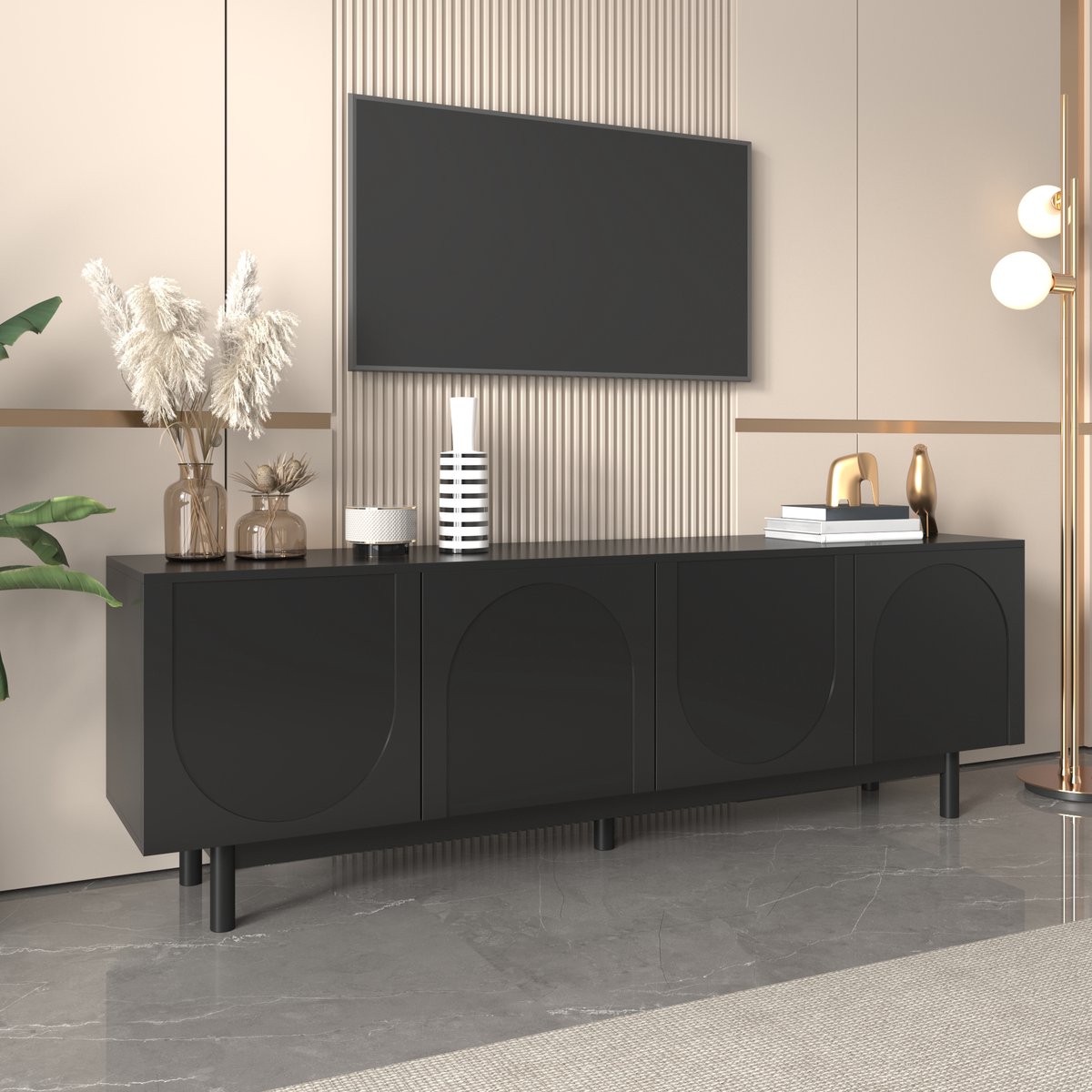STILVORA TV-Kast - Lowboard Met Push-To-Open En Verstelbare Planken Voor Opbergruimte Woonkamer En Multimedia - MDF;Spaanplaat - 175x38x56 cm - Zwart