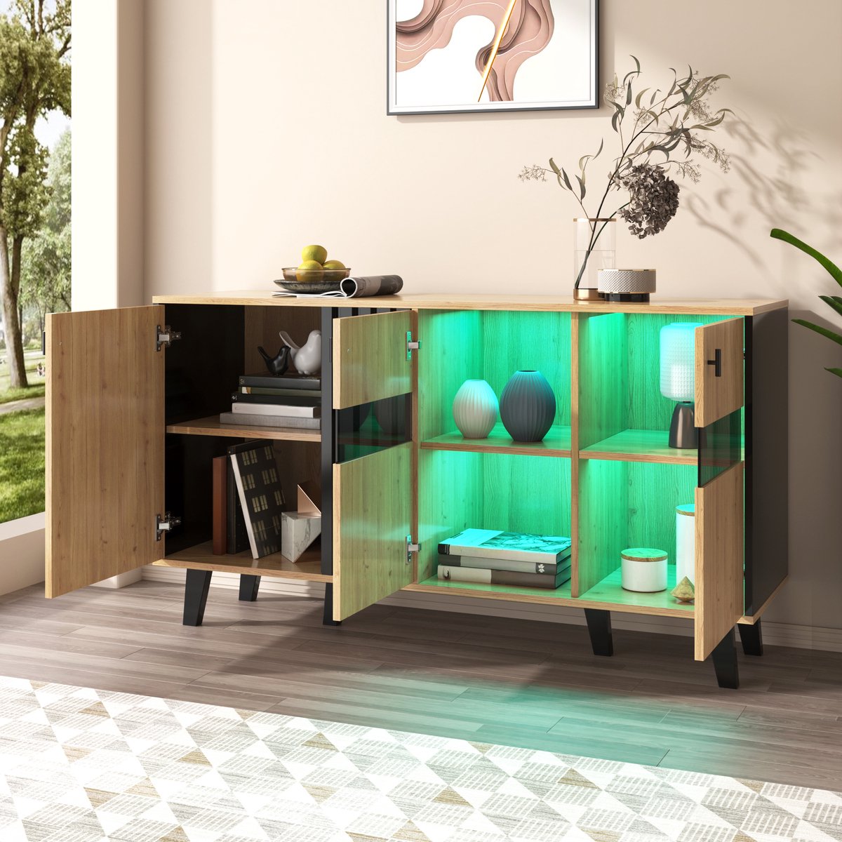 OKWISH Dressoir – 140×78,5×41 cm – 3 deuren – Met LED-verlichting – Opbergruimte met ingebouwde planken – Moderne rustieke stijl – Spaanplaat Bruin+Zwart Natuurlijk