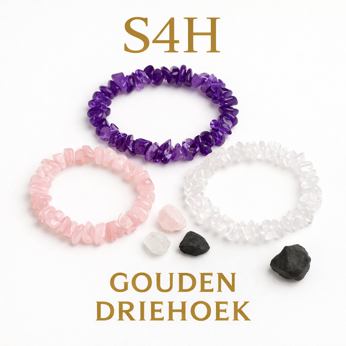S4H® Gouden Driehoek Armband Set – Splitarmbanden (Amethist, Rozenkwarts & Bergkristal)