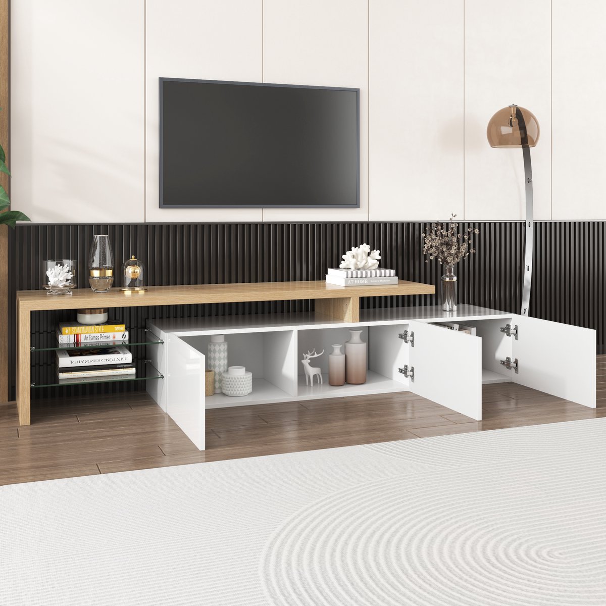 OKWISH TV-Meubel – Serie 3 Deuren – Met LED – Glasplanken & Opbergruimte – MDF+Glas Wit+No