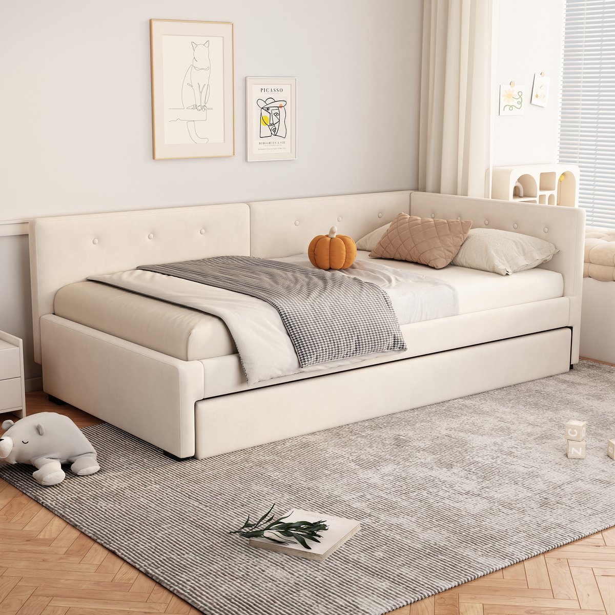 Wishdor Gestoffeerd Eenpersoonsbed Met Uitschuifbaar Rolbed - Fluweel En MDF - Beige - 90x200 Cm