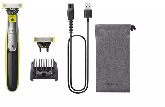 Philips OneBlade trimmer, extra trimkop, opzetkam, USB-kabel en opbergzakje.
