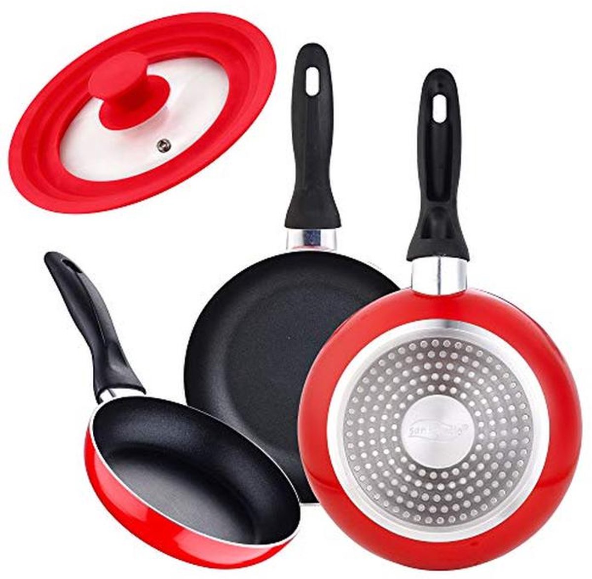 Drie-delige pannenset 16/20/24 cm in rood met universele deksel