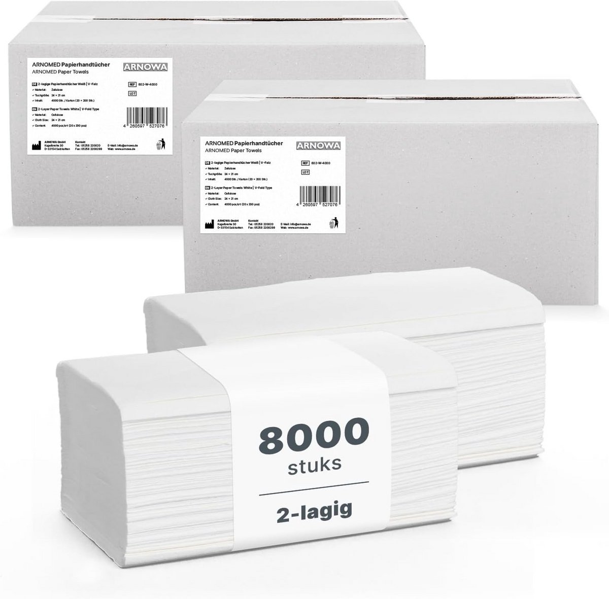 Papieren handdoeken 2-laags V-vouw, 8000 stuks, 25x23 cm - Hygiënisch en absorberend