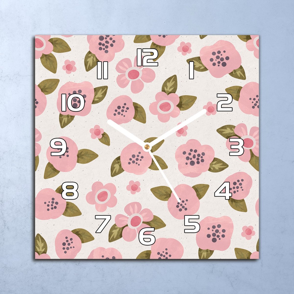 Coloray Wandklok - Roze bloemen Glazen Wandklok - 30x30 cm - Roze Wandklok - Wandklok Vierkant - Wandklok Scandinavisch - Wandklokken Woonkamer - Stille Wandklok