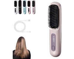 1 draadloze stijlborstel: draadloze mini-stijlborstel, oplaadbaar via USB, 3 temperatuurstanden, met LED-scherm, voor onderweg, voor op reis en pluisvrije styling (Paars)