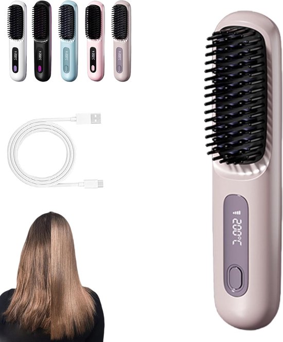 1 draadloze stijlborstel: draadloze mini-stijlborstel, oplaadbaar via USB, 3 temperatuurstanden, met LED-scherm, voor onderweg, voor op reis en pluisvrije styling (Paars)