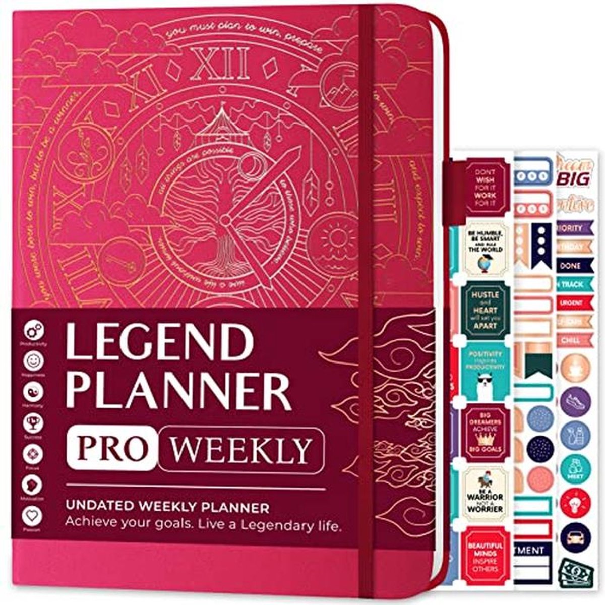 Deluxe wekelijkse en maandelijkse planner zonder datums voor productiviteit en organisatie - 18 x 25,5 cm - Harde omslag + Stickers - Dieproze
