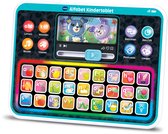 Een blauwgroen VTech Kindertablet met een alfabet toetsenbord, gekleurde letterknoppen en een scherm met twee honden.