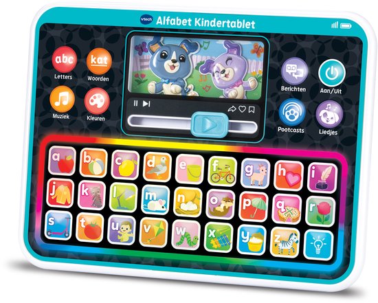 Een blauwgroen VTech Kindertablet met een alfabet toetsenbord, gekleurde letterknoppen en een scherm met twee honden.