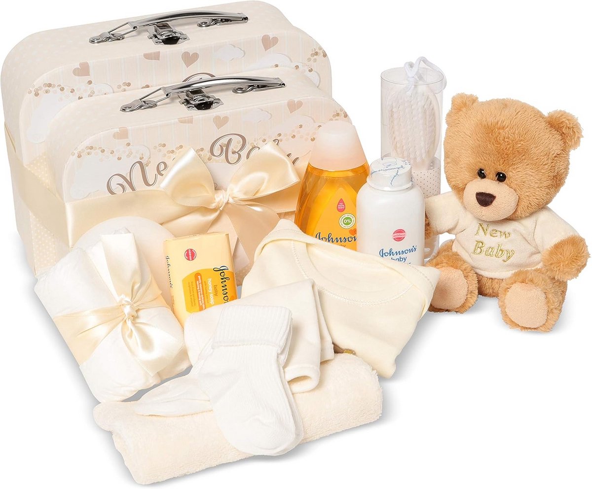 Neutrale Babygeschenkset met Babyproducten in Crèmekleurige Dozen