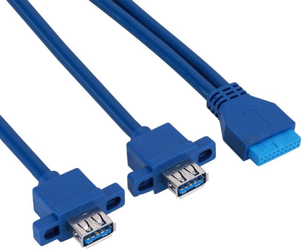 2-poorts USB 3.0 Splitter Adapter voor Frontpaneel met Schroefgat in Blauw