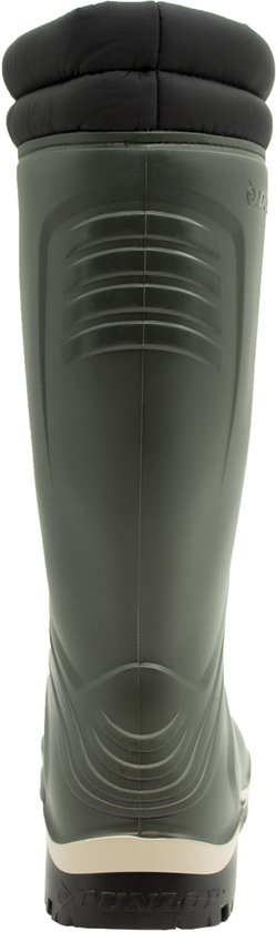 Achterkant van een donkergroene Dunlop regenlaars met zwarte voering.