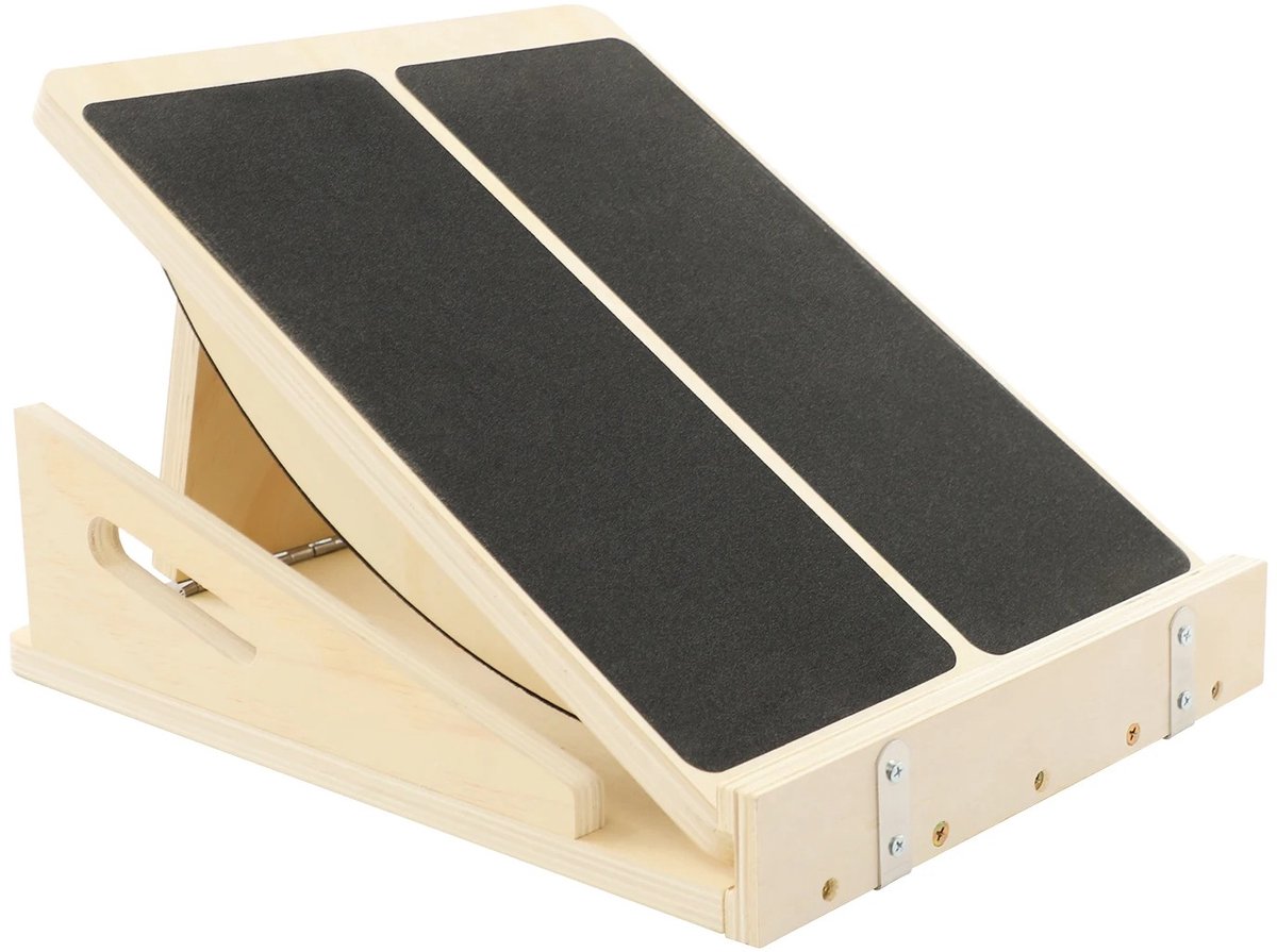 Equal to None - Balance board - Balanstrainer - 2-in-1 kuitstretcher en balansbord in 1 - Verstelbaar 4 hoeke - Massief hout - Groot, stabiel platform met antislip - fitness, revalidatie en dagelijkse oefeningen - 40 x 30 x 10 cm - Bruin