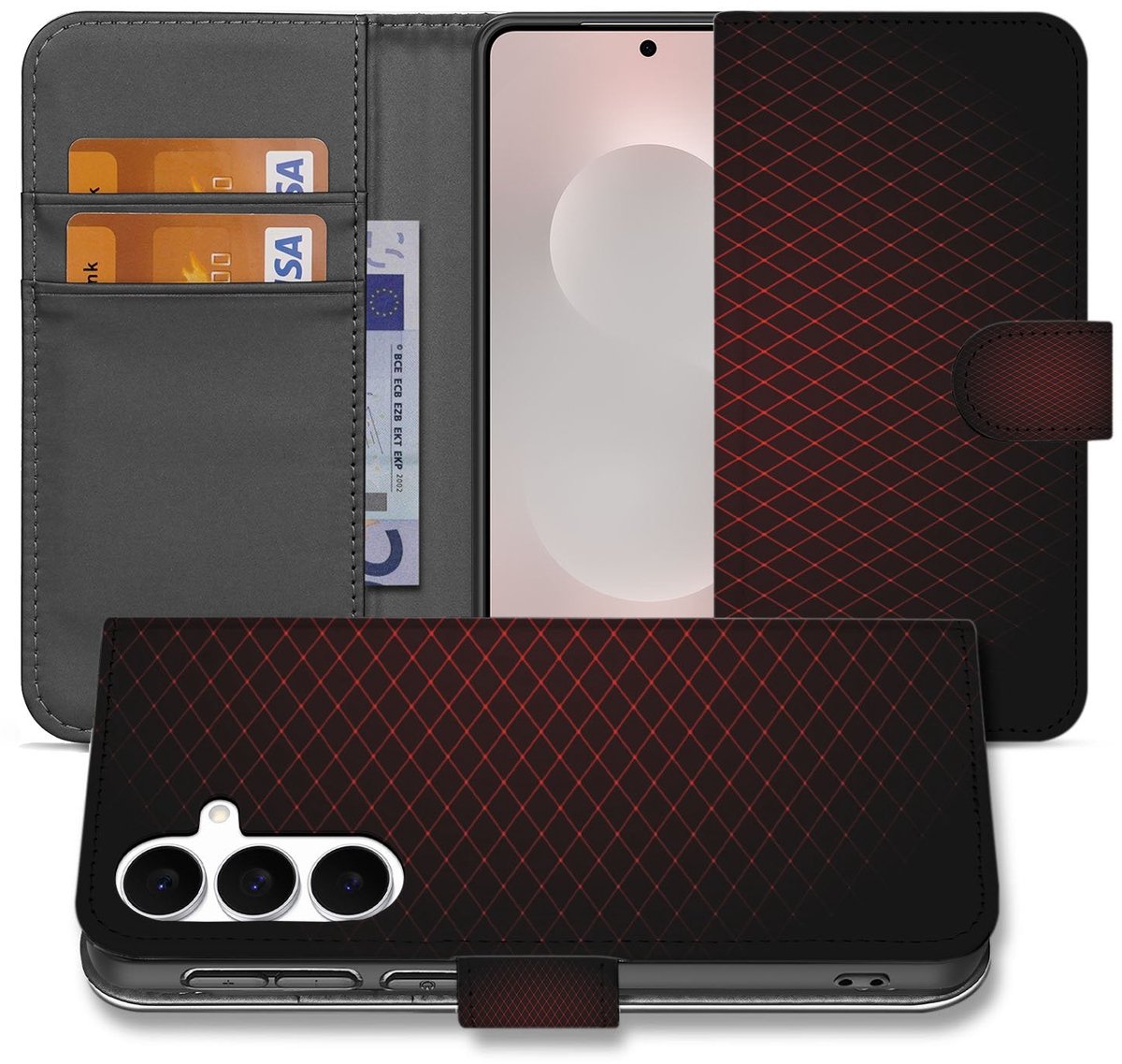 Samsung Galaxy S25 FE Hoesje Bookcase Geruit Rood Met 3 Pasjes