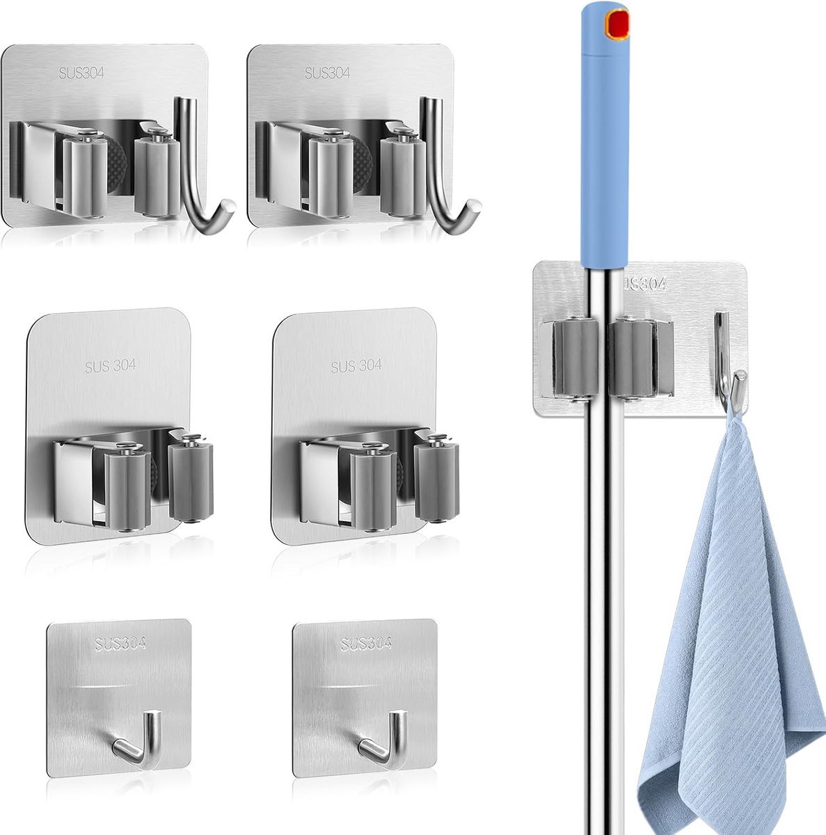 Stunq® 4 x roestvrijstalen bezem muurbeugel met 2 haken Verstelbare maat Mophouder Zelfklevende bezemhouders Flexibele vrijstaande bezemhaken Mophaken voor muur
