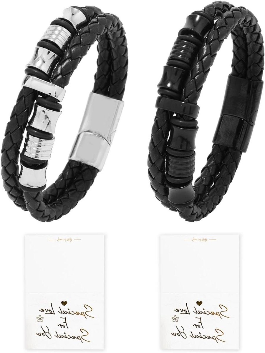 Zwarte leren armbanden set met hot reliëf wenskaarten - Handgeweven en gevlochten - Geschikt voor dagelijks gebruik, feestjes en reizen - 2 stuks