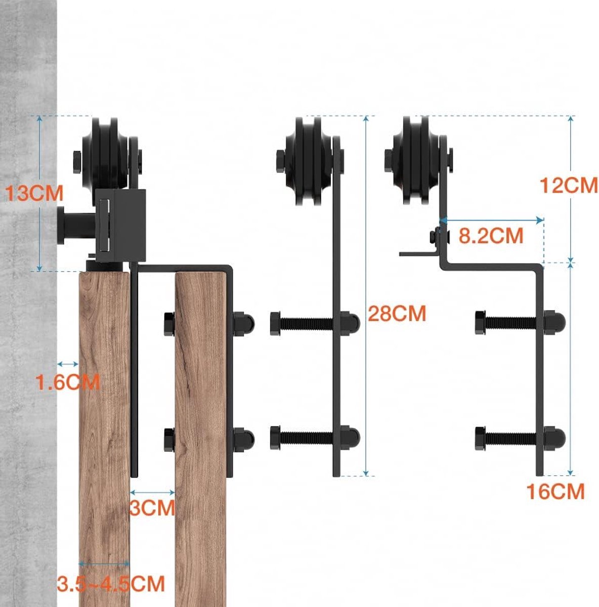 Stunq® Robuust Schuifrail Systeem 200cm - Zwart, Voor Dubbele Deuren - Met Versterkte Rollers