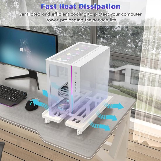 Niciksty Mobiele CPU-standaard – Verstelbaar 20-30 Cm – Met 6 Vergrendelbare Wielen – Draagkracht 100 Kg – Geschikt Voor De Meeste ATX-behuizingen – Wit, Geen Gereedschap Nodig