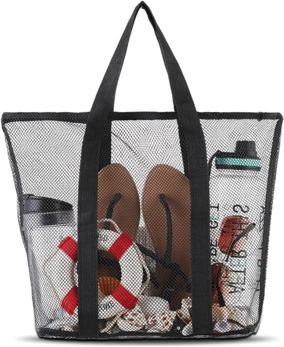 Grote mesh strandtas met ritssluiting en waterdichte voering - zwart 47 x 45 x 36,5 cm