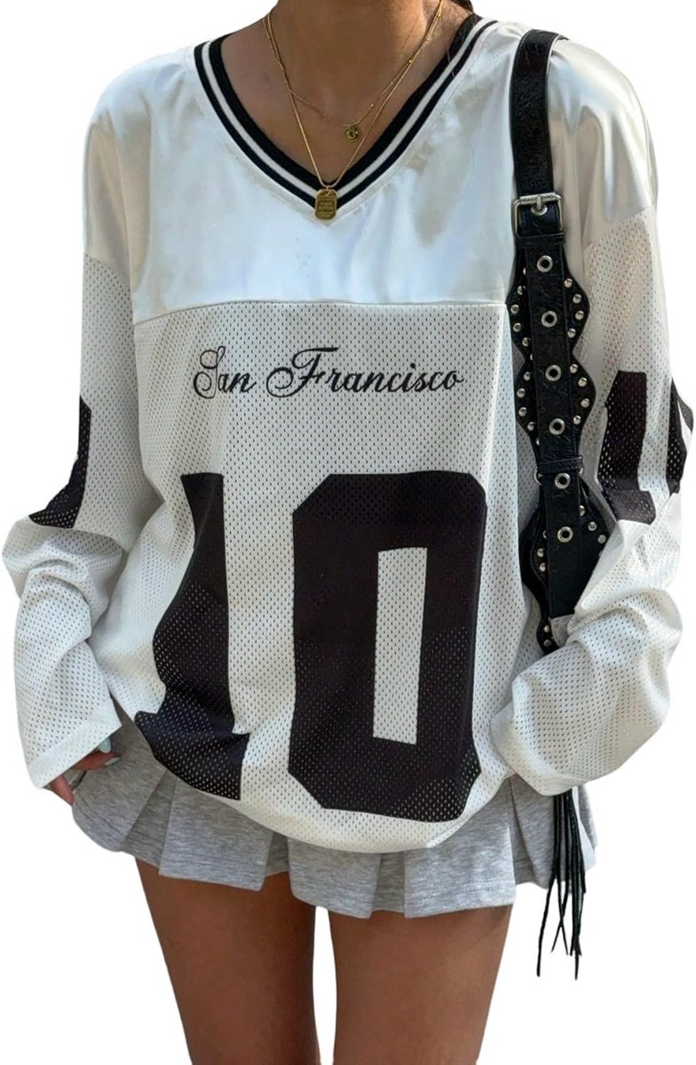 Oversized T-shirt met lange mouwen voor dames - Y2K streetwear jersey bovenstuk met letterprints, ruimvallend casual shirt