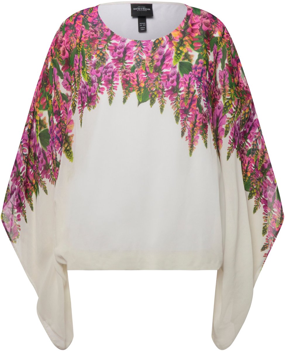 Ulla Popken - Dames - Blouse bloemen dubbelgelaagd ronde hals halve mouwen - Sneeuwwit - Maat 54+