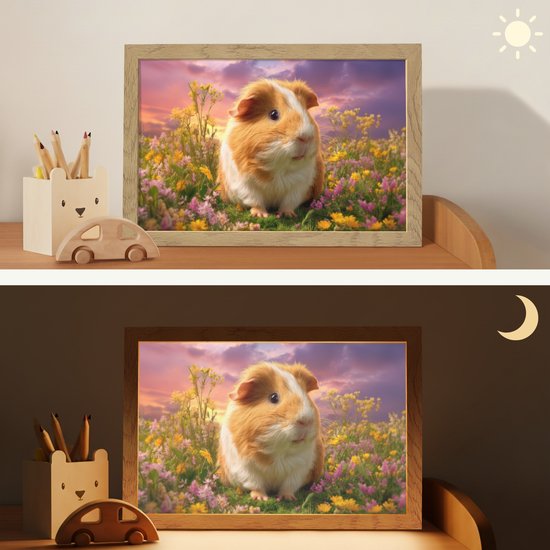 Nachtlampje 30x20 cm - Kinder lampje - Cavia - Kleurrijk - Bloemen - Tafellamp kinderkamer - Slaapkamer lamp - Bedlamp kinderen - Kinderlampje stopcontact - Wandlamp babykamer - Nachtlampjes van Merkloos — afbeelding 4