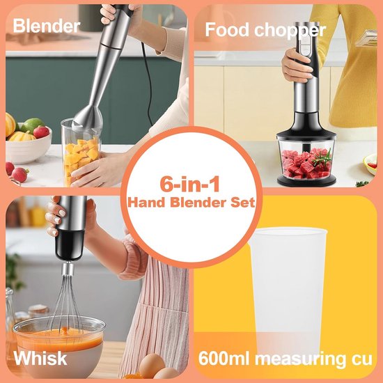 6-in-1 Staafmixer, Multifunctioneel, 1200 W, Instelbare Snelheid, RVS, Met Spatbescherming van Merkloos — afbeelding 4