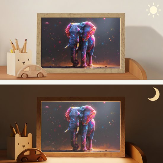Nachtlampje 30x20 cm - Kinder lampje - Olifant - Kleuren - Sterren - Dier - Tafellamp kinderkamer - Slaapkamer lamp - Bedlamp kinderen - Kinderlampje stopcontact - Wandlamp babykamer - Nachtlampjes van Merkloos — afbeelding 4