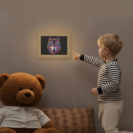Nachtlampje 20x15 cm - Kinder lampje - Wolf - Kleurrijk - Zwart - Dieren - Neon - Tafellamp kinderkamer - Slaapkamer lamp - Bedlamp kinderen - Kinderlampje stopcontact - Wandlamp babykamer - Nachtlampjes van Merkloos — afbeelding 5