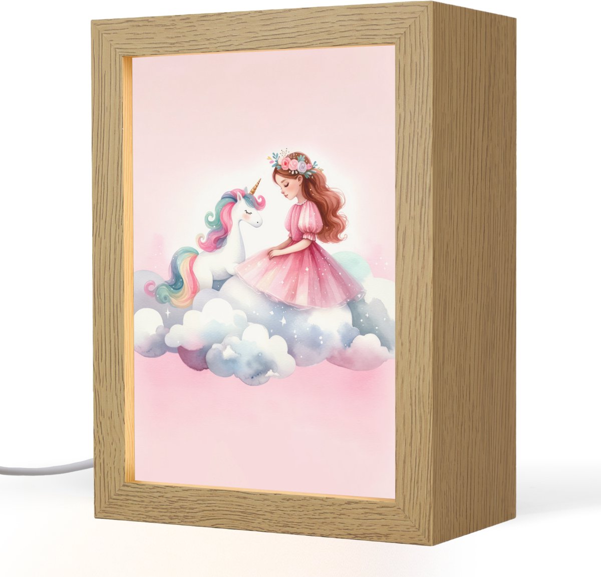 Nachtlampje 15x20 cm - Kinder lampje - Eenhoorn - Prinses - Unicorn - Roze - Wolken - Tafellamp kinderkamer - Slaapkamer lamp - Bedlamp kinderen - Kinderlampje stopcontact - Wandlamp babykamer - Nachtlampjes