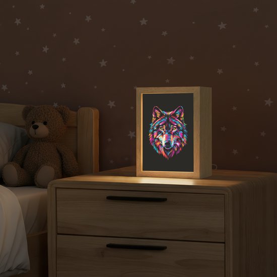 Nachtlampje 15x20 cm - Kinder lampje - Wolf - Kleurrijk - Zwart - Dieren - Neon - Tafellamp kinderkamer - Slaapkamer lamp - Bedlamp kinderen - Kinderlampje stopcontact - Wandlamp babykamer - Nachtlampjes van Merkloos — afbeelding 2