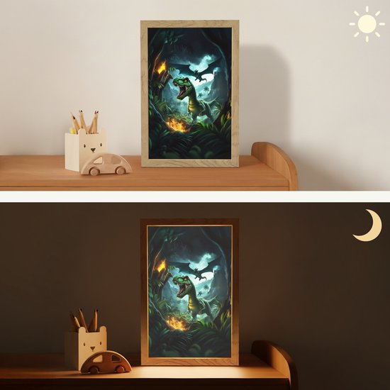 Nachtlampje 20x30 cm - Kinder lamp - Dinosaurus - Draak - Jungle - Groen - Tafellamp kinderkamer - Slaapkamer lamp - Bedlamp kinderen - Kinderlampje stopcontact - Wandlamp babykamer - Nachtlampjes van Merkloos — afbeelding 4