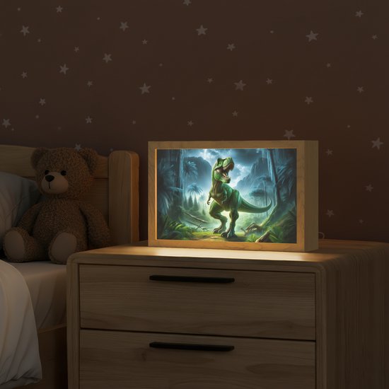 Nachtlampje 30x20 cm - Kinder lampje - Dino - Jongens - Groen - Blauw - T-Rex - Tafellamp kinderkamer - Slaapkamer lamp - Bedlamp kinderen - Kinderlampje stopcontact - Wandlamp babykamer - Nachtlampjes van Merkloos — afbeelding 2